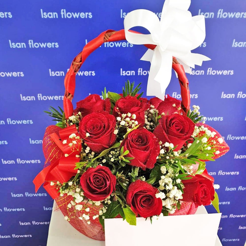 12 big red roses short in basket a pre