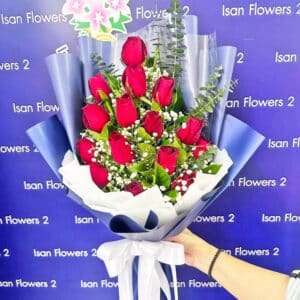 9-18 Big Red Roses in Dark Blue - Tall Bouquet A