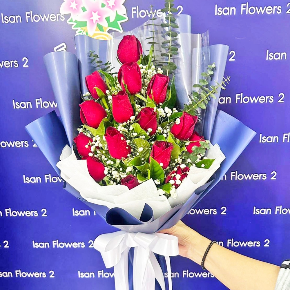 15 big red roses in dark blue tall bouquet a