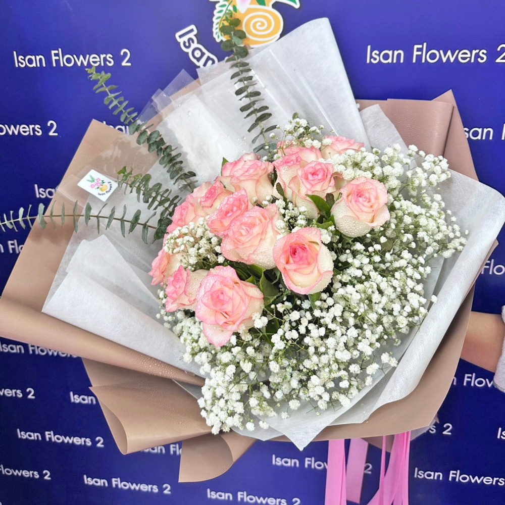18 big pink roses in brown round bouquet a