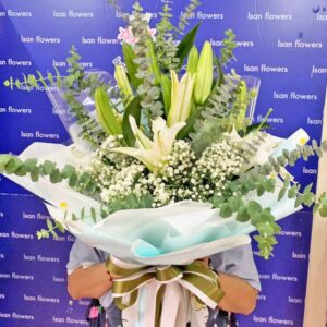 3-4 White Lily Stems in Blue & White - Round Bouquet B