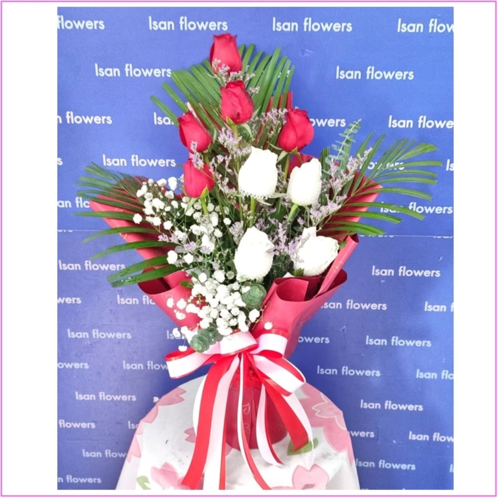 5 red and 4 white big roses in red va quet a pre