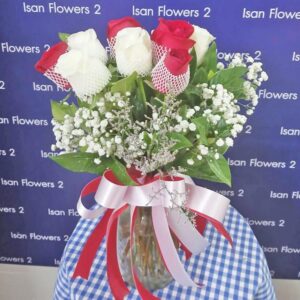 9-25 Big Red & White Roses in Vase A