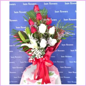 9-18 Big Red & White Roses with Lilies in Red - Va-quet
