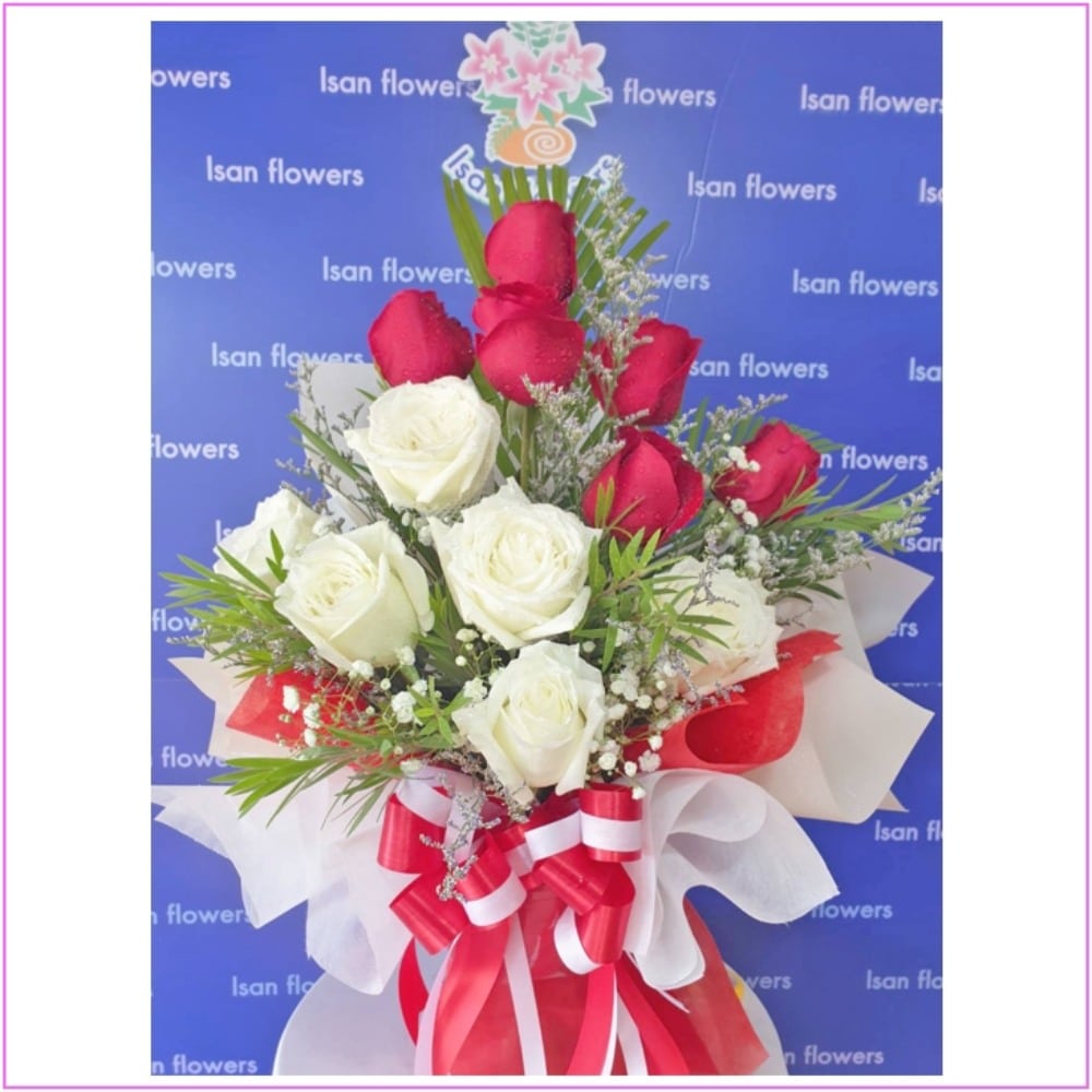 6 red 6 white big roses in white red va quet a pre