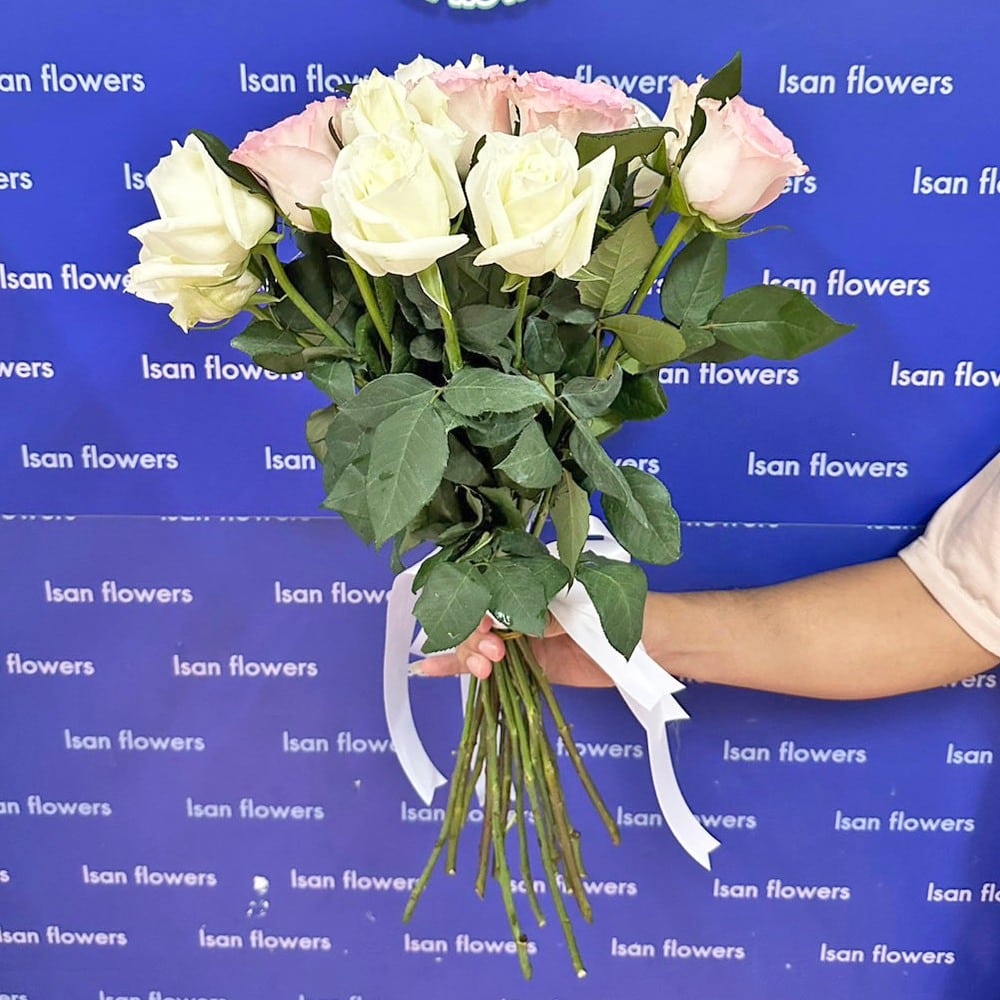 8 pink and 7 white big roses stems only
