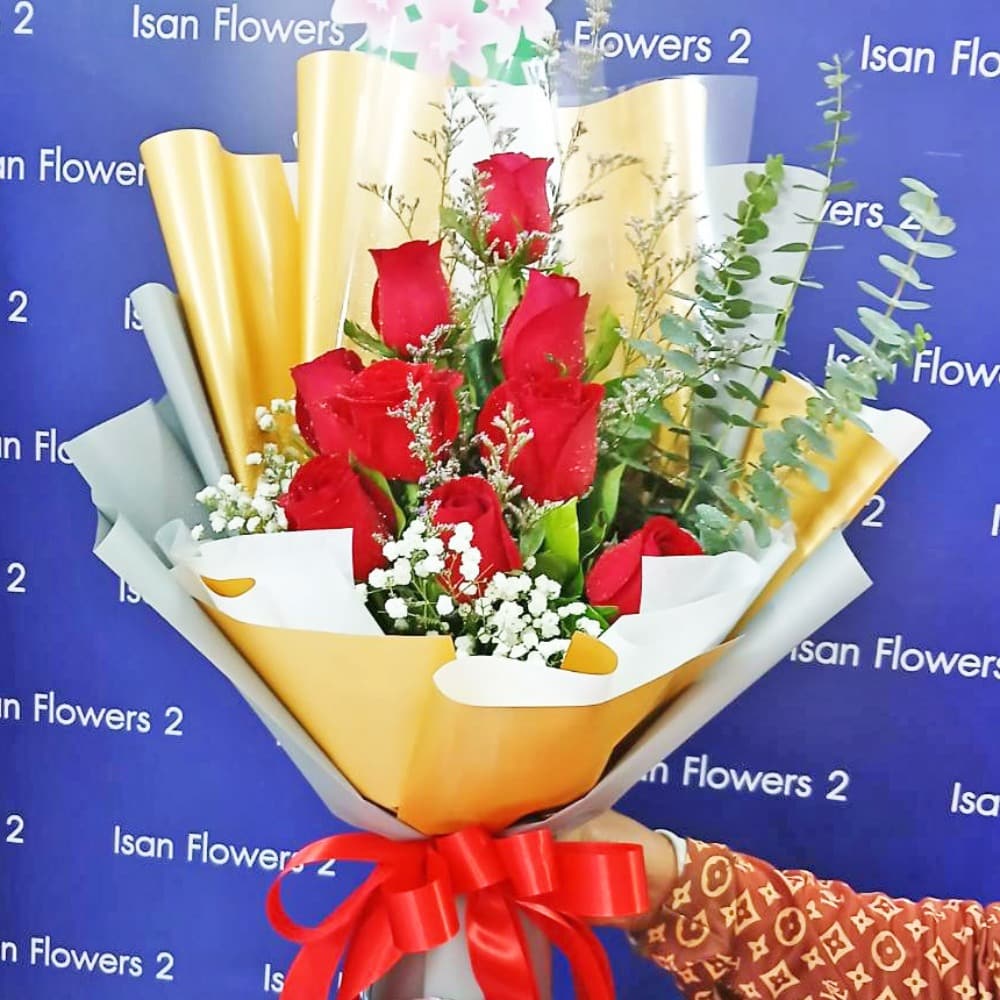 9 big red roses in gold tall bouquet a