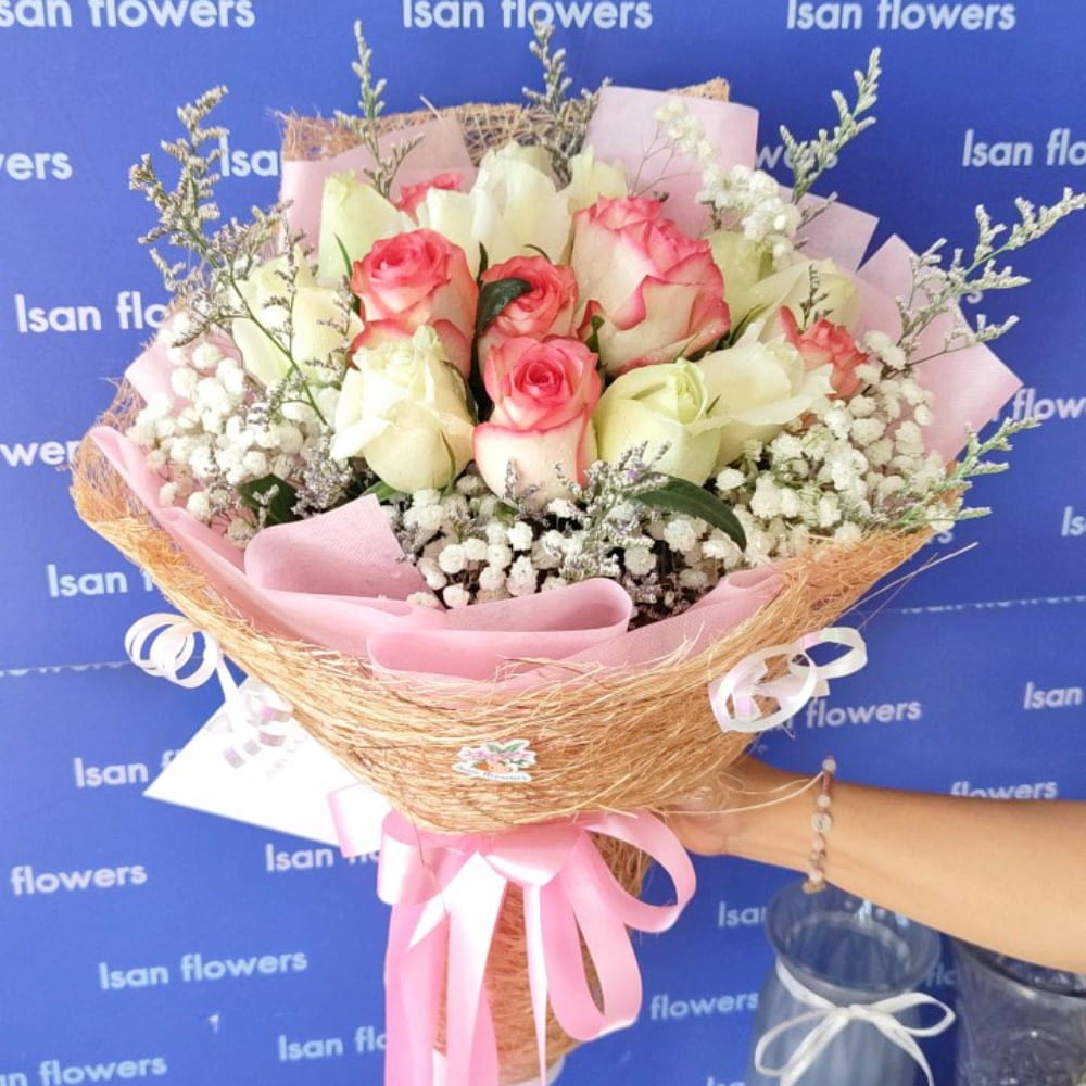 9 pink and 9 white big roses in pink round bouquet b
