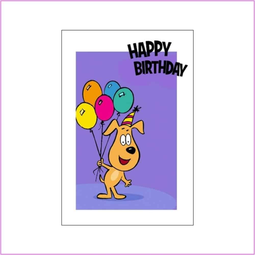 birthday card with cartoon dog and balloons