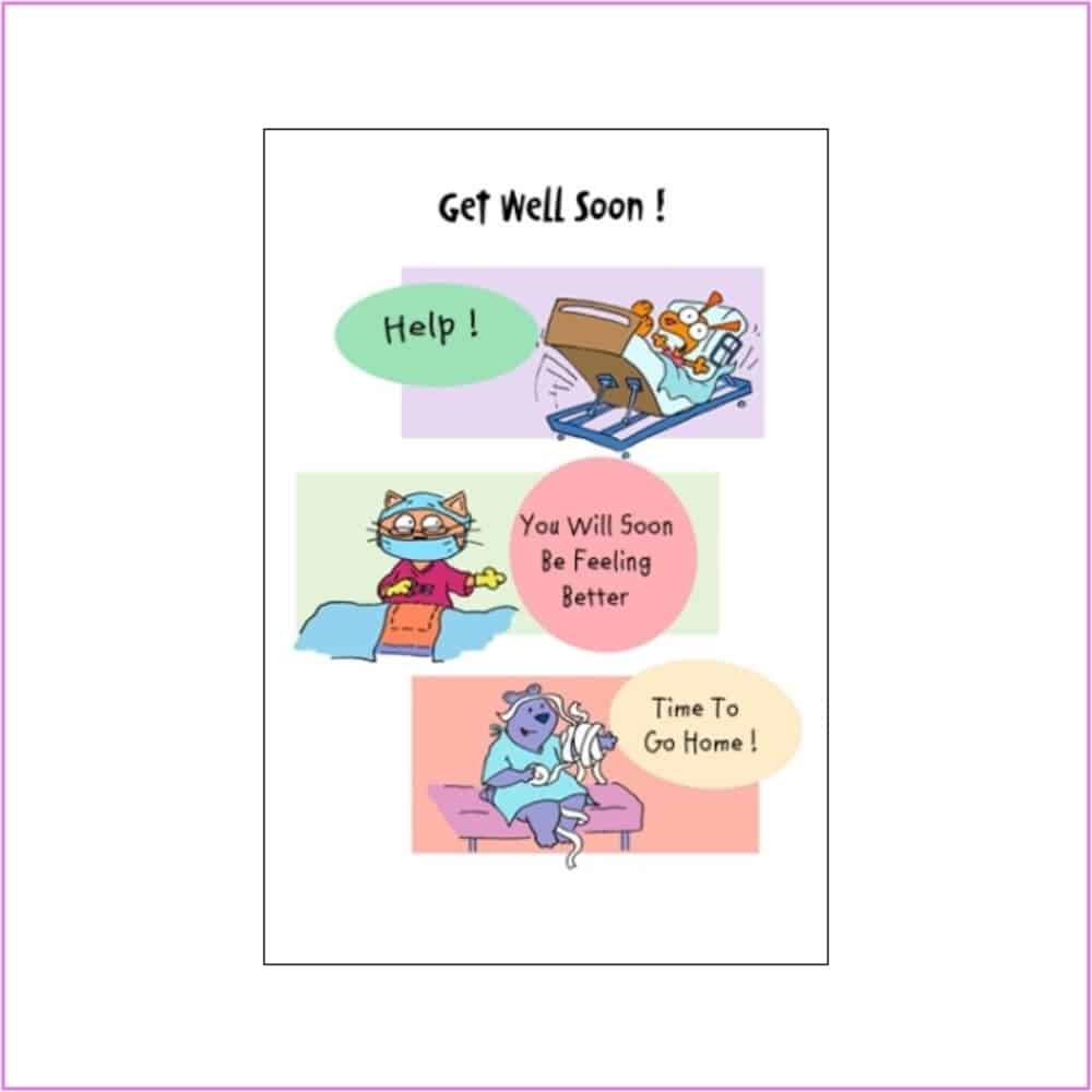 get well card with hospital cartoons