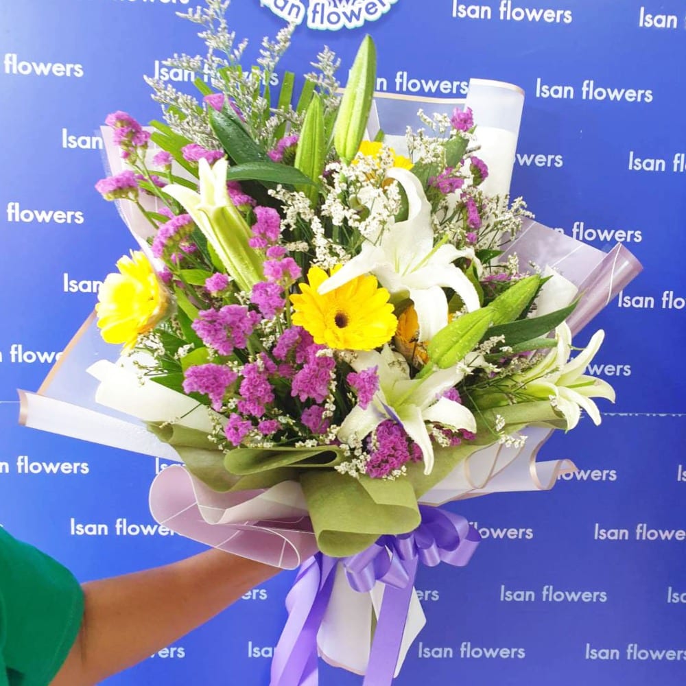 lilies and gerberas round bouquet a