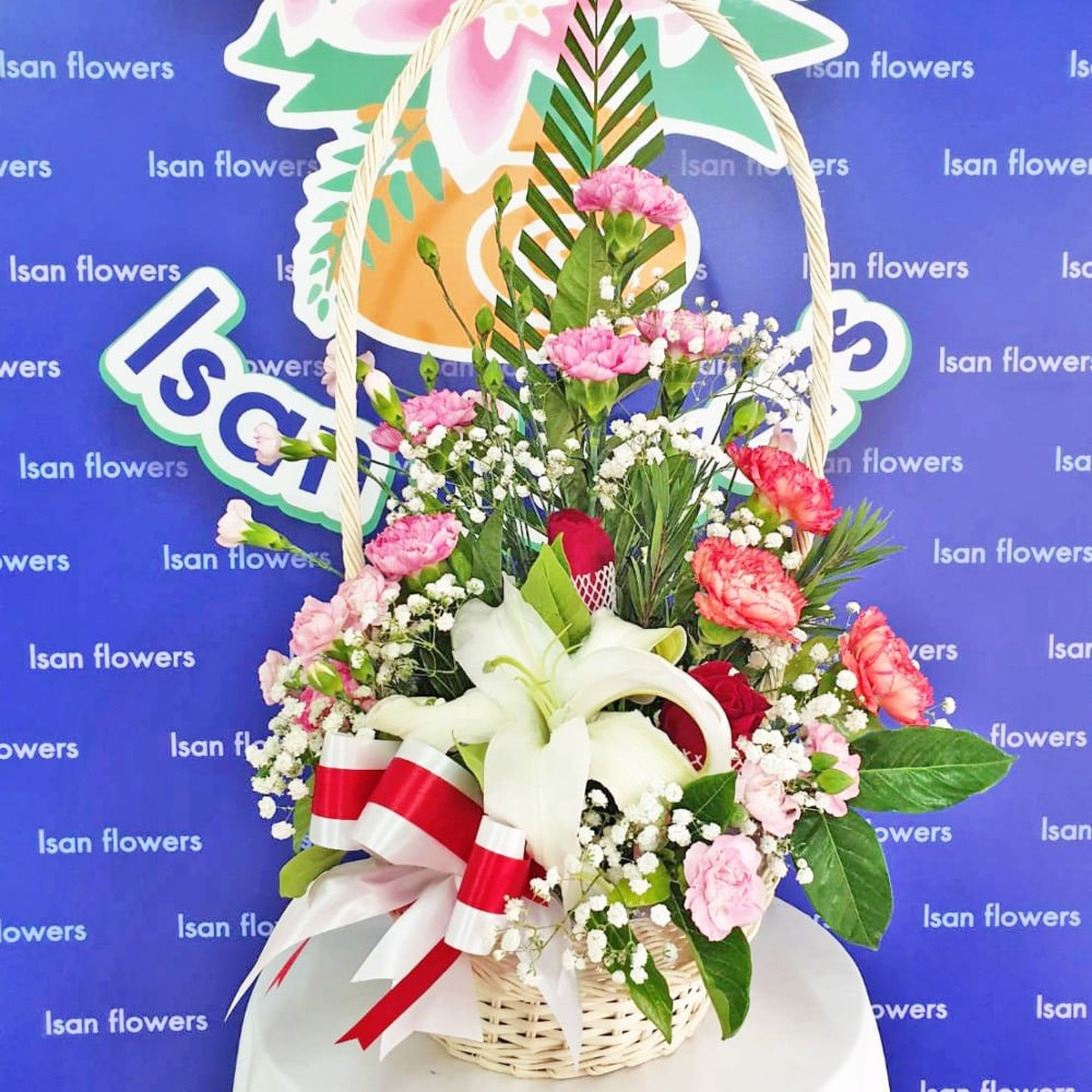 multi colour mixed flowers basket a medium pre