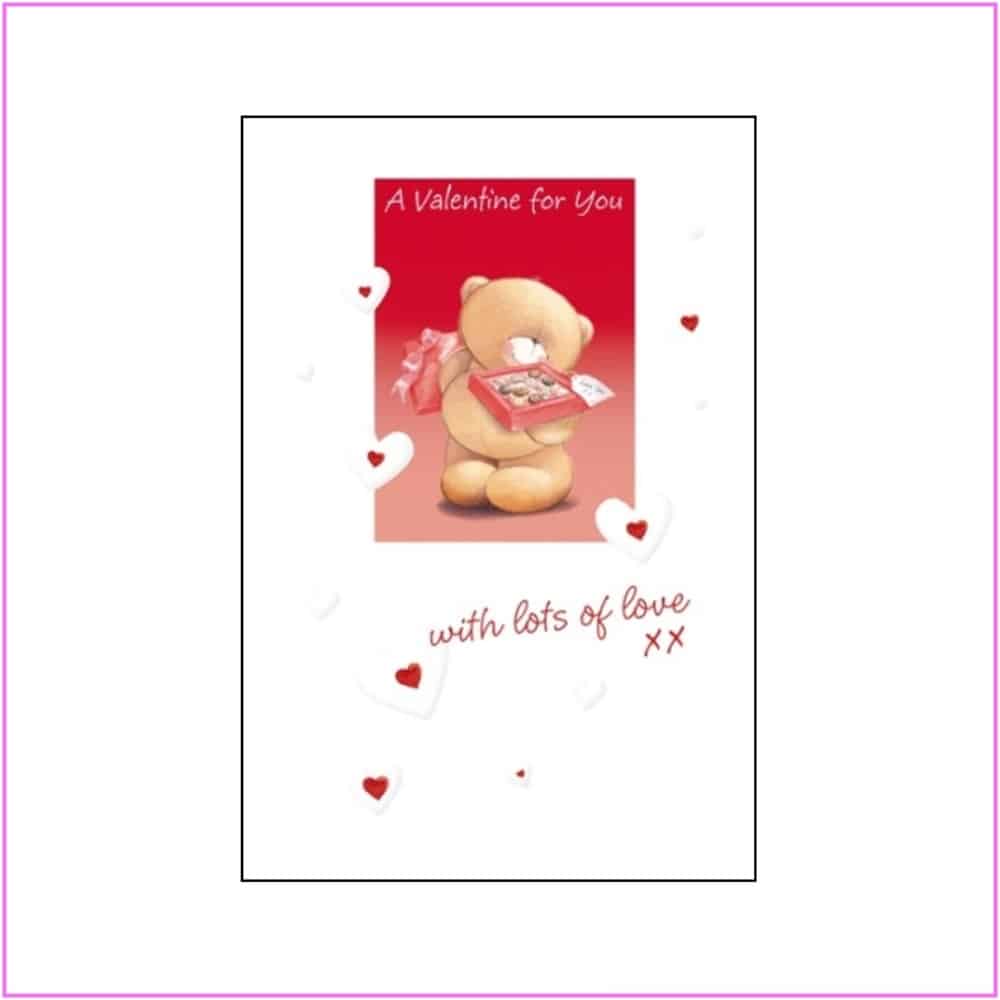 valentine card with bear giving chocolates