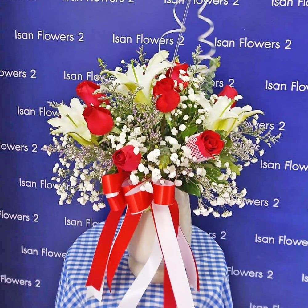white lilies and 9 big red roses in vase large